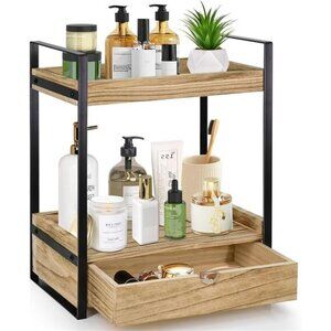 2-Tier Bathroom Organizer Countertop with Drawer, Wood Counter Shelf